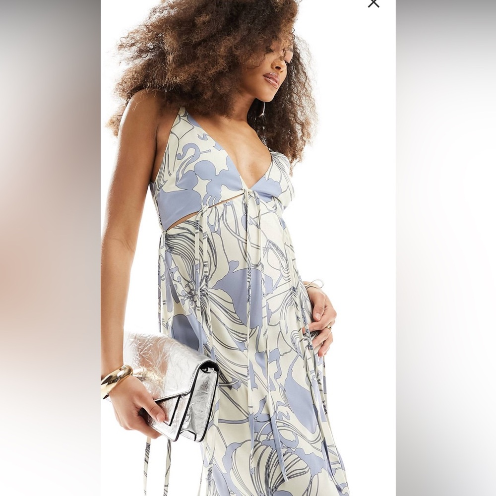 SOLD ASOS design satin tie midi dress in blue flower design with ties